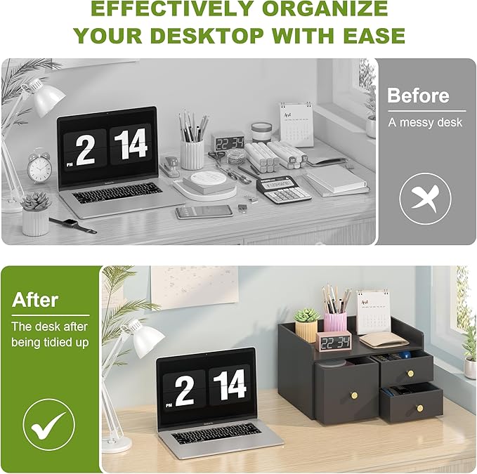 Bamboo Desk Organizer with Drawers Wooden Desktop Storage Drawers for Bills Office Supplies Kitchen Utensils Organizing Tool for Home Classroom Organization No Assembly (Black, 3 Drawer)