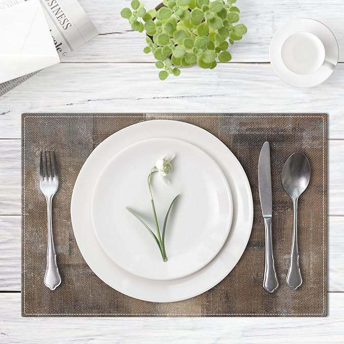 Emvency Farmhouse Placemats Set of 6,12x18 Inch Linen Rectangular Place Abstract Rustic Neutral Modern Brown Table Mats for Indoors & Outdoor Home Party Kitchen Dining Decoration