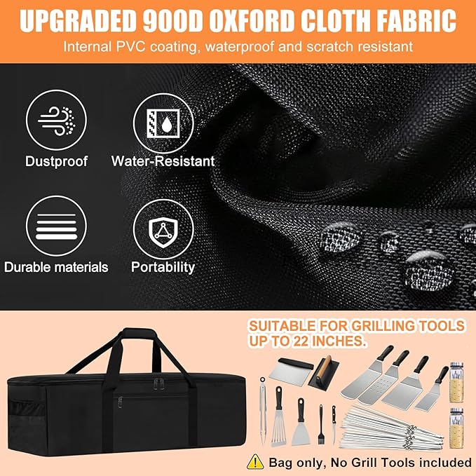 Grill Tool Storage Bag, Outdoor BBQ Utensil Storage with Pockets for BBQ Tools up to 22", Large Grilling Utensil Holder Storage Caddy, Barbecue Tool Sets Case for Camping Picnic,Bag Only,Black