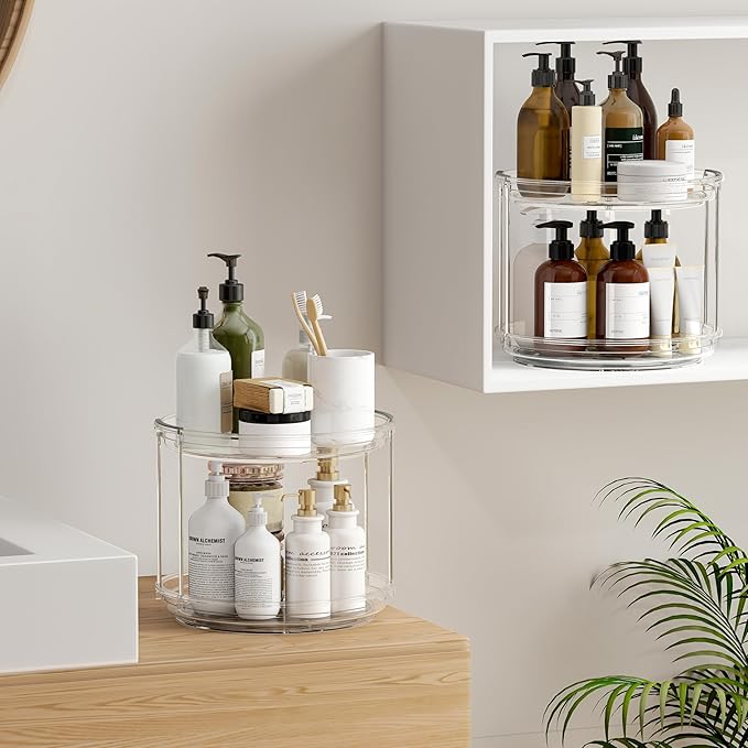 2 Tier Lazy Susan Turntable Organizer 9.25 inch, Rotating Spice Rack Organization for Cabinet, Bathroom, Pantry, Countertop, Kitchen, Vanity, Medicine Cabinet Organizer, Clear