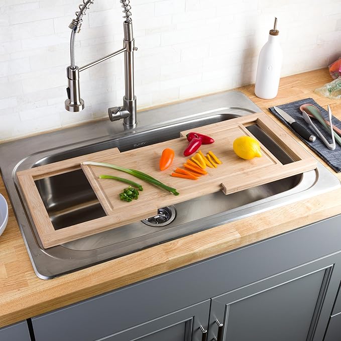 Over the Sink Cutting Board - Expandable Bamboo Wood Chopping Board with Juice Groove and Slip-Resistant Grips - Kitchen Essentials for Cutting, Chopping, and Slicing by Classic Cuisine