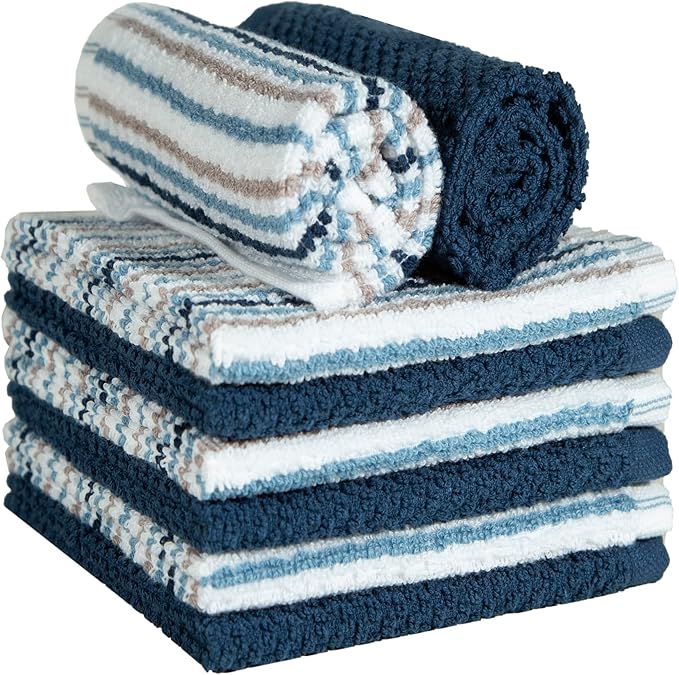Bumble Premium Dish Cloths Towel 12"x12" | 100% Natural Ring Spun Cotton Tea Towel Set | 430 GSM | Highly Absorbent & Soft Dish Towels | 8 Pack - 4 Popcorn Striped & 4 Solid Kitchen Towels - Blue