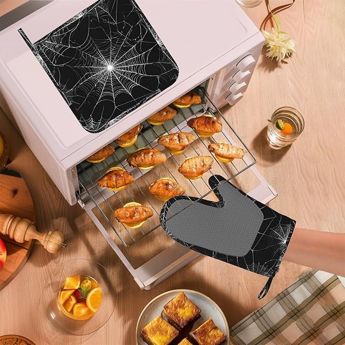 Spider Web Oven Mitts and Pot Holders Sets Silicone Kitchen Mitts Potholders Heat Resistant Oven Gloves Hot Pads for Kitchen Baking Cooking