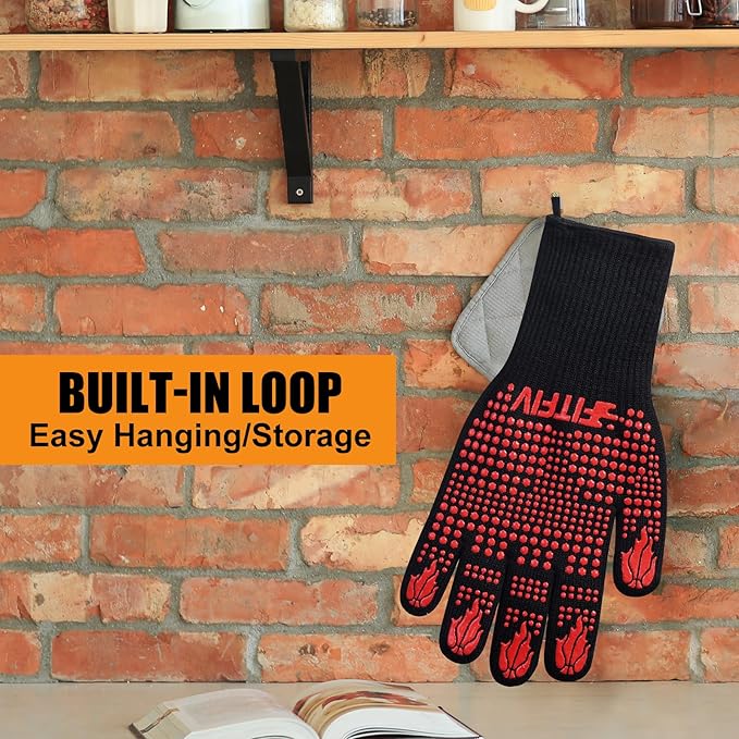 BBQ Gloves, Oven Gloves, 1472°F Extreme Heat Resistant Barbecue Gloves, Silicone Non-Slip Oven Mitts, Kitchen for Cooking, Grilling, and Baking (Red)