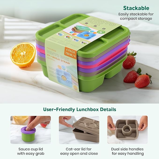 QQKO Bento Snack Box Containers for Adults Kids, Meal Prep Containers Reusuable Bento Lunch Box, Lunchable Food Storage Containers with Lids and Sauce Cups, Retro Brown