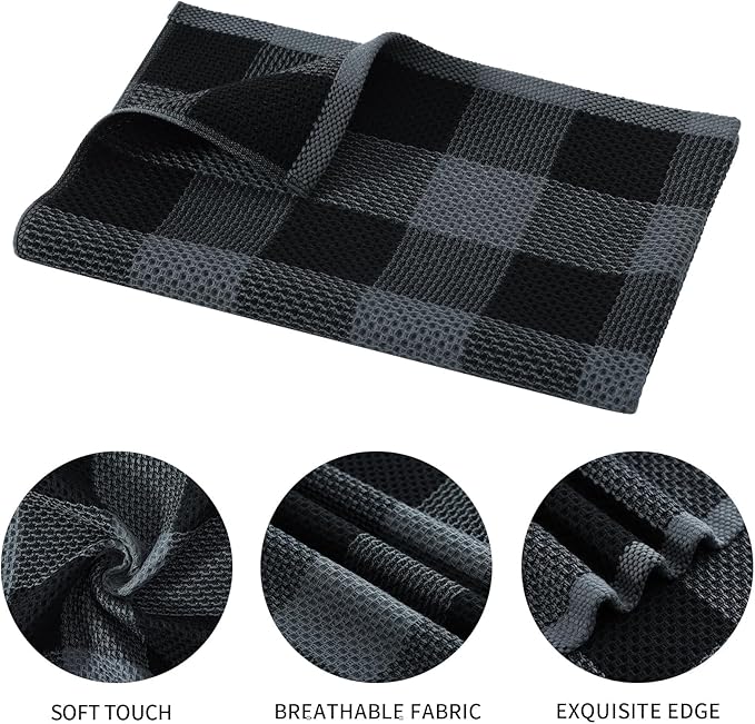 Mordimy 100% Cotton Waffle Weave Kitchen Towels, 20 x 28 Inches, Super Soft and Absorbent Buffalo Check Large Dish Towels for Drying Dishes, 4-Pack, Black & Grey