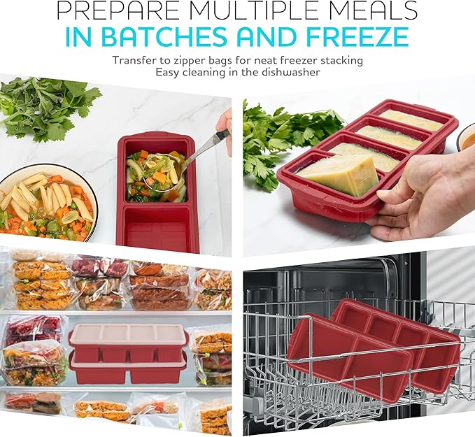 Silicone Freezer Tray With Lid-Soup Freezer Container molds-Large Ice Cube Tray Set Makes 1-Cup & 2-Cup portions cubes Perfect for preparing meals in different portion sizes Oven & Dishwasher -Safe