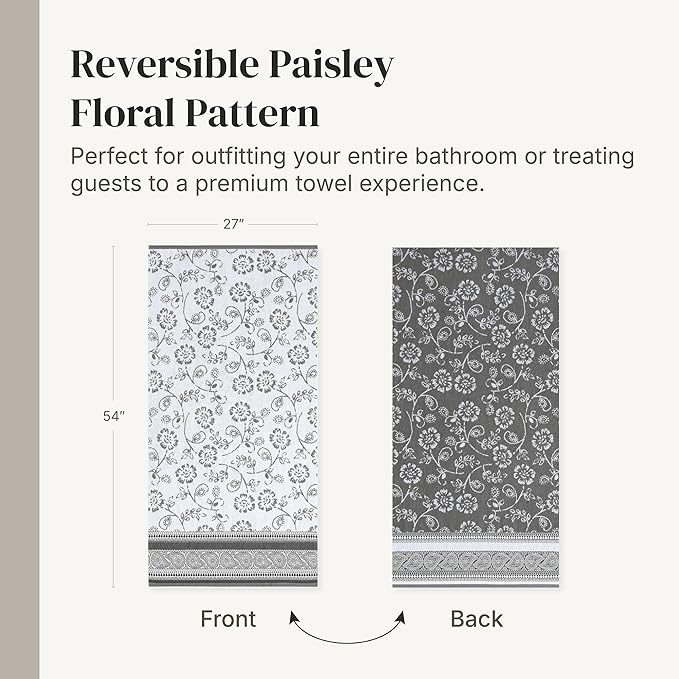 Modern Threads Floral Trail 6-Piece 100% Cotton Towel Set – Reversible Yarn Dyed Jacquard – Includes 2 Bath Towels, 2 Hand Towels, 2 Washcloths – Absorbent, Quick Dry, Soft & Durable – Gray