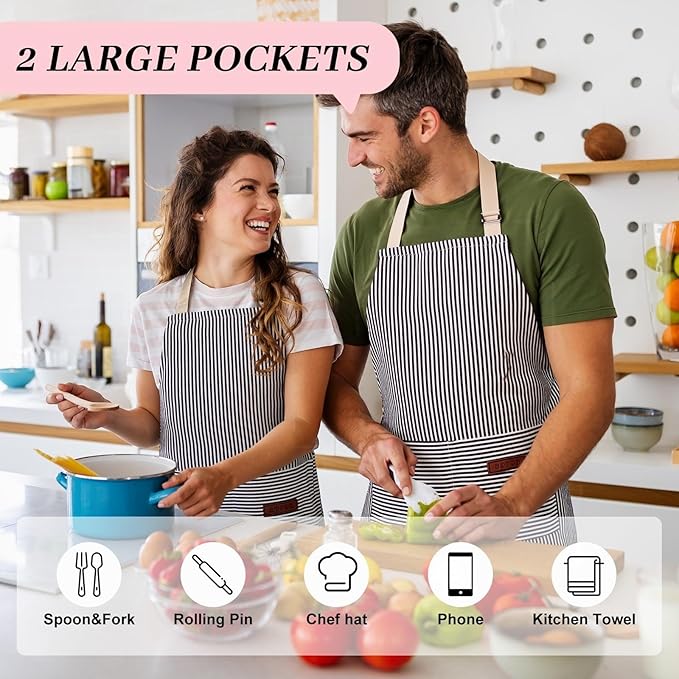 2Pack Adjustable Kitchen Apron for Women Men with 2 Pockets，Cotton-Polyester Blend Bib Aprons for Cooking,Baking