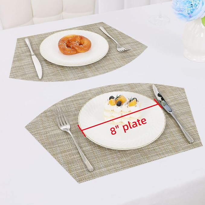 SHACOS Wedge Placemats Set of 4 for Small Round Table Woven Vinyl Curved Placemats Wipe Clean Circle Table Mats Indoor Outdoor, Beige