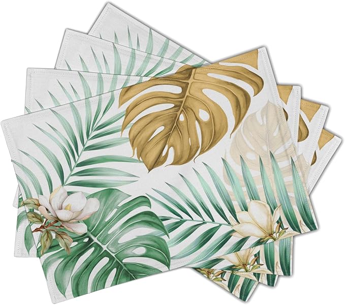 Giwawa 4PCs Tropical Palm Leaf Placemats Summer Green Brown Banana Leaves Decorative Linen Table Mat 12"x18" Hawaiian Monstera Flowers Heat Resistant Washable Place Mats for Kitchen Dining