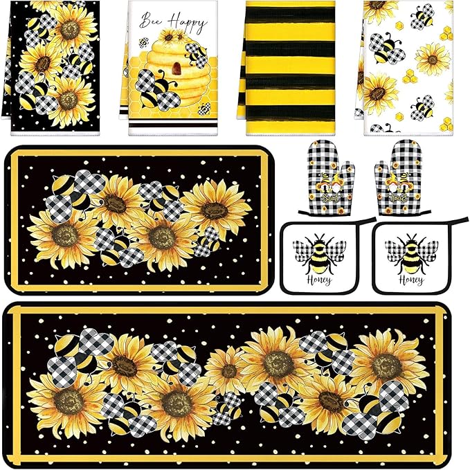Fourluoo 10 Pcs Bee Kitchen Decor Sunflower Oven Mitts and Pot Holders Set Yellow Bee Dish Towels Rugs Mats Buffalo Plaid Kitchen Accessories for Chef Baking Cooking Grilling BBQ Women Home Gift