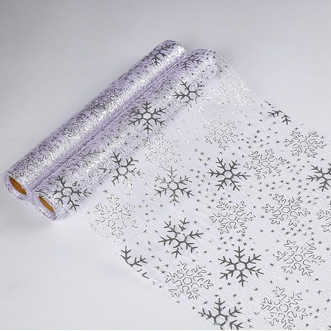 Snowkingdom 2 Pcs Christmas Snowflake Silver Table Runner 108 Inch Sparkly Silver Glitter Metallic Runners Decorations for Seasonal Winter Festival Holiday Home Party