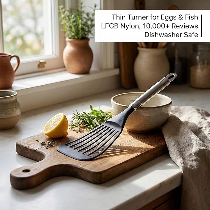 KSENDALO LFGB Certified Nylon Fish Spatula, Slotted Egg Turner for Nonstick Cookware – Flexible Wide Blade Kitchen Flipper for Eggs, Omelets, Pancakes, Dishwasher Safe (Max. 410°F）