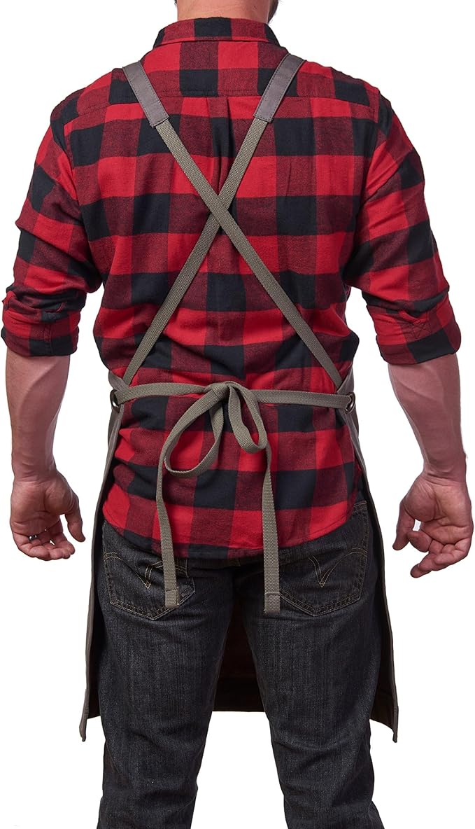 Hudson Durable Goods Heavy Duty Waxed Canvas Work Apron with Tool Pockets (Black), Cross-Back Straps & Adjustable M to XXL (Grey)