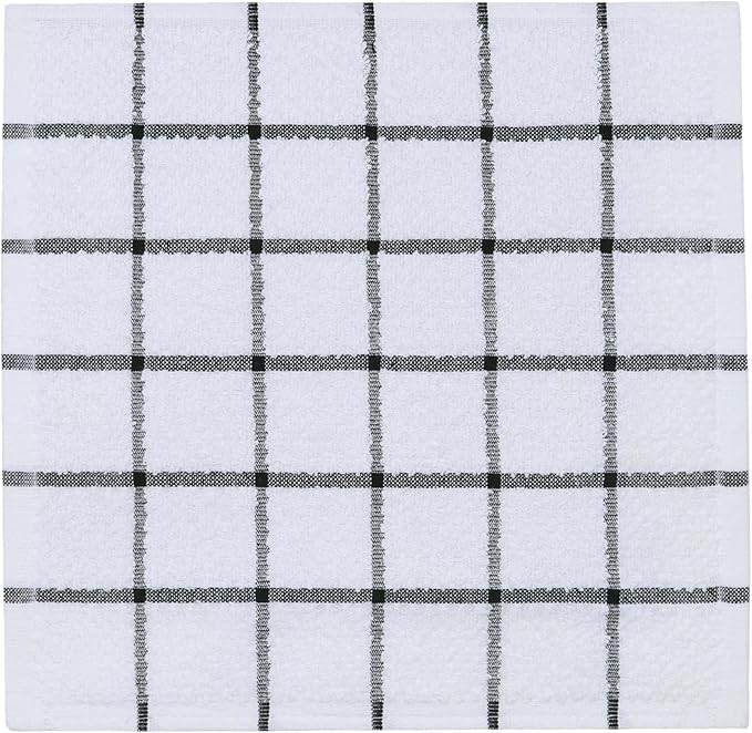 Cotton Terry Kitchen Dish Cloths, Soft Absorbent Tidy Kitchen Dish Towels (Black Plaid, 12 Inch x 12 Inch)
