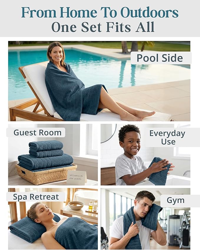 100% Mercerized Cotton Bathroom Towel Sets of 24 - 2 Bath Sheets, 2 Gym Towels, 2 Bath, 4 Fingertip, 6 Hand, 8 Washcloths, Quick-Dry, Luxuriously Soft & Durable, Perfect for Everyday use – Steel Blue