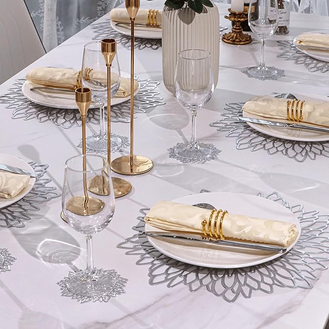 Snowkingdom 12 Pack of Silver Placemats Metallic Vinyl Dinning Table Mats, Round Flower Charger Plates Decoration Bulk for Winter Holiday Christmas Thanksgiving Party