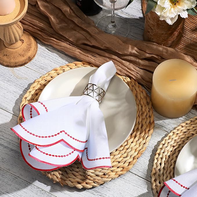 Hahafelt Cloth Napkins 18x18inches Scalloped Embroidery Cloth Napkins Washable Polyester Table Dinner for Hotel Restaurant Weddings Events Parties(Red,6 Set)