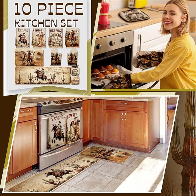 Fourluoo 10 Pcs Western Cowboy Kitchen Decor Oven Mitts and Pot Holders Set Western Cowboy Kitchen Accessories Vintage Dish Towels Farmhouse Rugs and Mats for Home Cooking Baking Housewarming Gifts