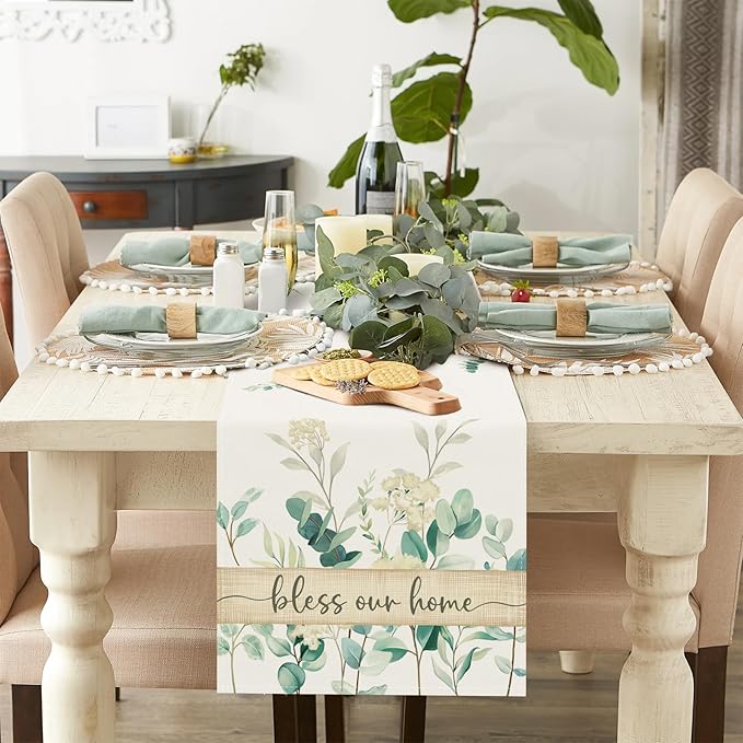 Bonhause Eucalyptus Leaves Table Runner 13x90 Inch Green Plants White Flowers Spring Summer Seasonal Holiday Kitchen Dining Table Decoration for Indoor Outdoor Home Party Decor