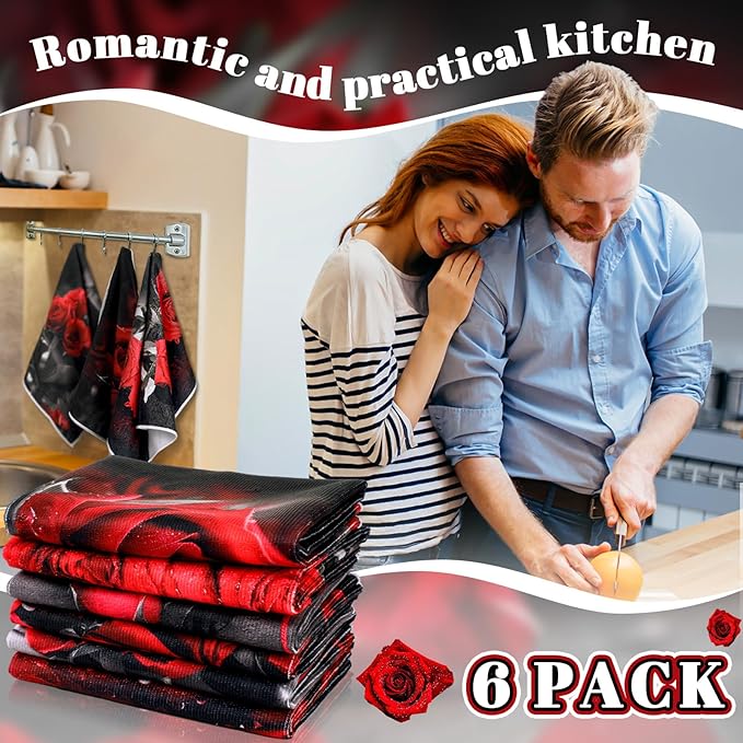 Breling Set of 6 Red Rose Kitchen Towels Vintage Themed Dish Towel Bathroom Decorative Rustic Cloths Tea Towels for Kitchen Bathroom Home Cooking Housewarming Gifts, 14 x 21 Inch