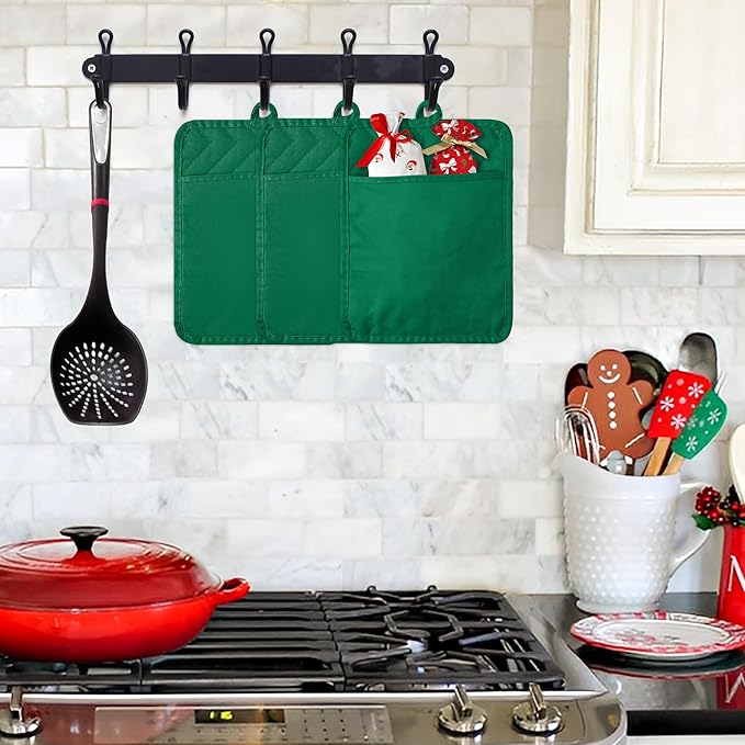 R HORSE 6Pcs Pot Holder for Kitchen Christmas Green Potholders with Pockets Cotton Heat Resistant Potholder Terry Coaster Oven Mitts Hot Pads for Baking Cooking Christmas Pot Holder Gift 7''x9''