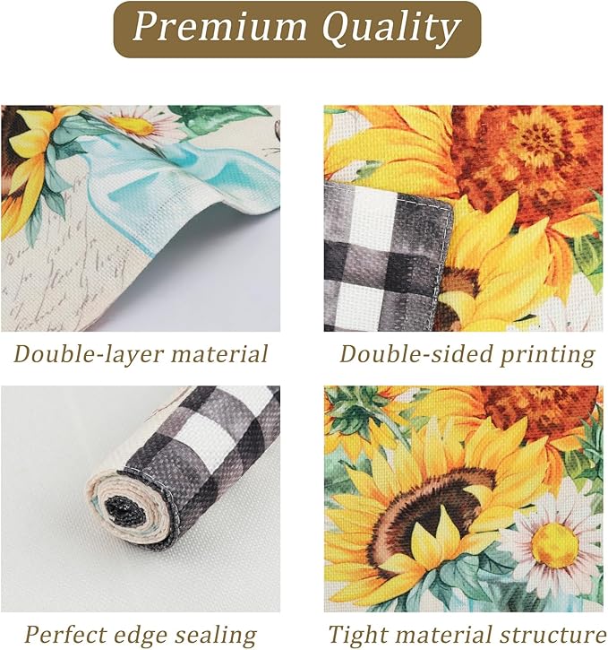 comfoyar Sunflower Vase Placemats Set of 4, 12x18 Inch Non-Slip Linen Summer Daisy Floral Place Mats, Washable Absorbent Butterfly Checkered Table Mats for Kitchen Dining Party Table Decoration