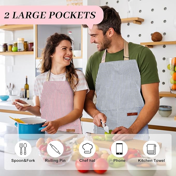 2Pack Adjustable Kitchen Apron for Women Men with 2 Pockets，Cotton-Polyester Blend Bib Aprons for Cooking,Baking