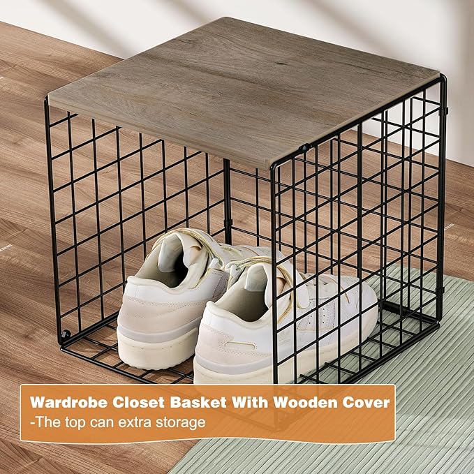Hencawima 6 Pack Stackable Closet Organizers and Storage Basket, Closet Shelves with Wood Top, Clothes Storage Bin/Cube Organizer for Wardrobe, Space-Saving, Closet Organization, Black, Sturdy, Metal