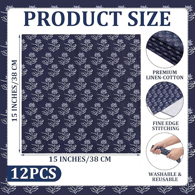Mindsoft Set of 12 Floral Cloth Napkins Linen Cloth Napkins Spring Flower Wildflowers Dinner Napkin 18 x 18 Inch Vintage Washable Reusable for Dinner Home Restaurant Wedding Decor(Navy Blue,12 Pcs)