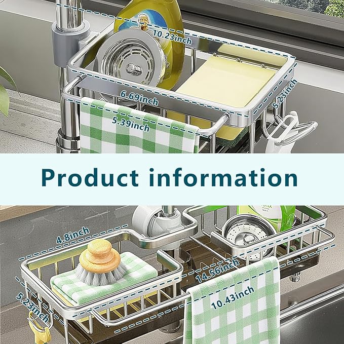 Upgrade Kitchen Sink Faucet Organizer, New Multifunction Organizer Rack for Kitchen Adjustable Dish Sponge Holder Over Faucet Sink for 0.7-1.1" Round Water Pipe (Silver, Right)
