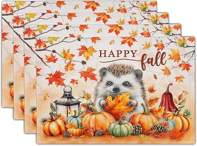 Happy Fall Linen Place Mat 4pc Hedgehogs Pumpkin Printed Placemat Washable Decoration for Home Season Table Decor