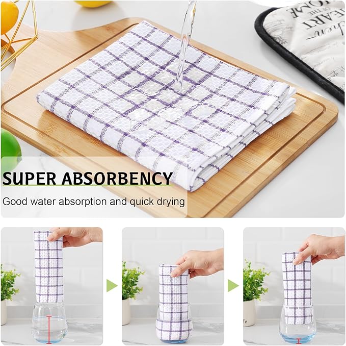 Homaxy 100% Cotton Kitchen Towels 4 Pack-15 X 25 Inches, Check Design Waffle Weave Hand Tea Towels, Super Soft and Absorbent Dish Towel for Drying Dishes, Purple