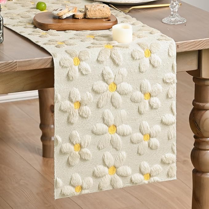 Artoid Mode Beige Soft Plush Faux Fur Jacquard Embroidery Daisy Spring Table Runner, Kitchen Dining Table Decoration for Home Party Decor 13x36 Inch