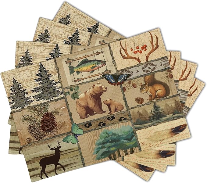 Cabin Placemats Set of 4 - Forest Bear Moose Place Mats Set of 4 Pine Tree Wild Animal Art Kitchen Dining Table Mat for Indoor Outdoor Decorations 12 x 18 Inch