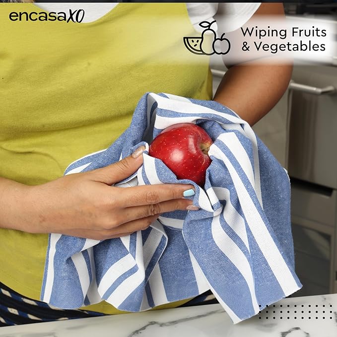 Encasa XO Cotton Kitchen Towel Set | Hand and Tea Cloth for Cleaning & Quick Drying, X-Large 28"x18" (Pack of 4) Highly Absorbent - Franca Blue Stripes