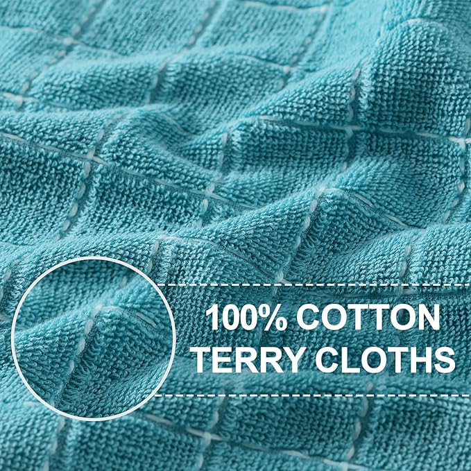 Homaxy 100% Cotton Terry Kitchen Towels(Lake Blue, 13 x 28 inches), Checkered Designed, Soft and Super Absorbent Dish Towels, 4 Pack