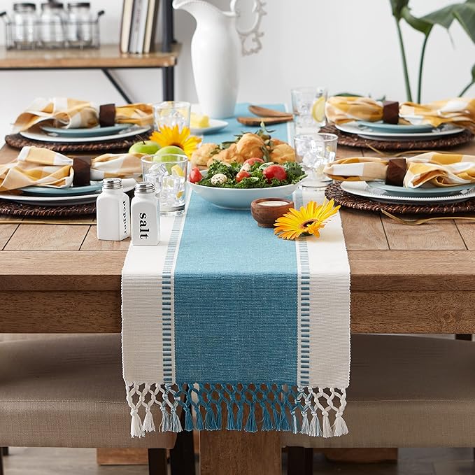 DII Dobby Stripe Woven Table Runner, 13x72 (13x77.5, Fringe Included), Storm Blue