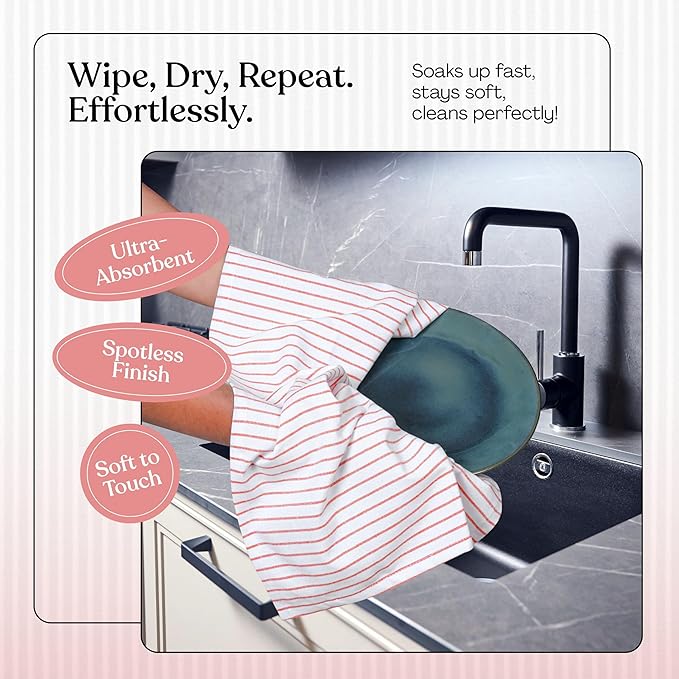 Red Stripe Cotton Kitchen Towels Set of 12, Durable & Super Absorbent Dishcloths Pack, Classic Stripe Towel Set, Quick Dry Towels for Daily Kitchen Use, Wiping & Drying Dishes