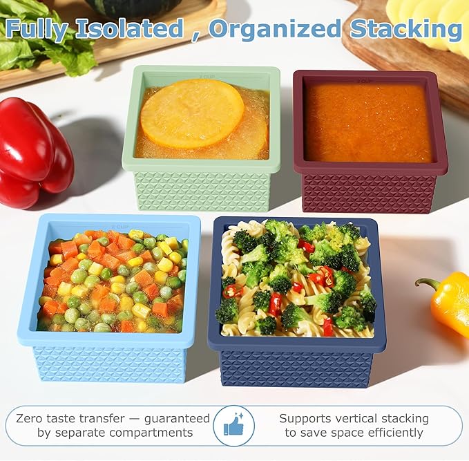 Silicone Freezer Molds for Soup Cube - 2-Cup Freezer Storage Container Tray with Lid,4 Pack Stackable Ice Cube Trays for Portion Control,Food Storage & Meal Prep (Green+Light Blue+Burgundy+Dark Blue)