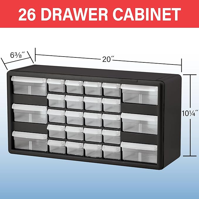 Akro-Mils 26-Drawer Plastic Drawer Storage Cabinet for Garage Organization, Bead Organizer, Building Bricks Storage, Teacher Toolbox, Makeup Organizer, 20" W x 6" D x 10" H, 10726 Black