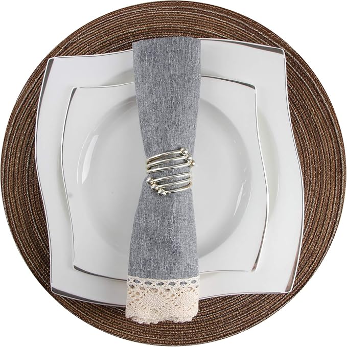 EHouseHome Dinner Cloth Napkins with Lace Trim Waterproof Spillproof Faux Linen Fabric Napkins,Set of 6, 18 x 18 Inch,Grey