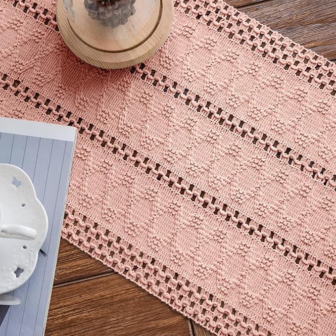 Alynsehom Macrame Table Runner Pure Pink Boho Table Runners with Tassels Hand Woven Cotton Table Runner Rustic Farmhouse Table Runners for Bohemian Kitchen Dining Table(12x71in)