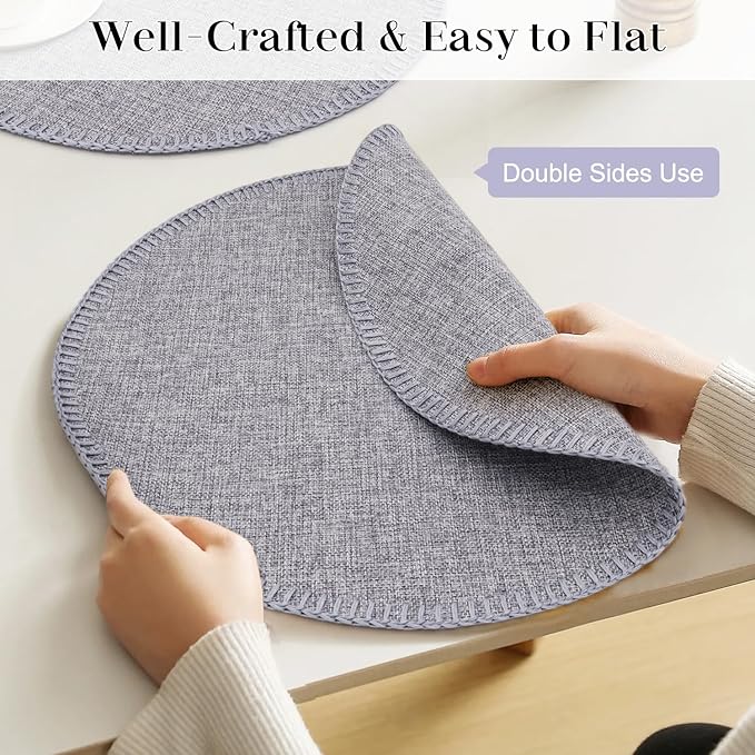 Round Placemats Set of 6, 15 Inch Linen Fabric Table Placemats, Heat Resistant, Wrinkle Free Washable Placemats Kitchen Place Mats Set of 6 for Dining Table Party Table (Light Grey, 6)