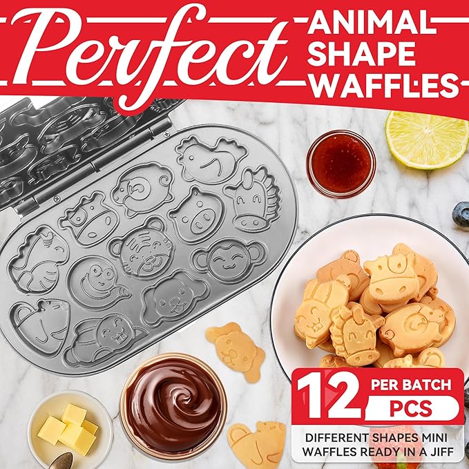 SugarWhisk Animal Mini Waffle Maker for Kids, Mini Pancakes Maker Machine with 12 Different Animal Pancake Molds, Small Waffle Maker Iron, Excellent Christmas Gift for Kids & Adult