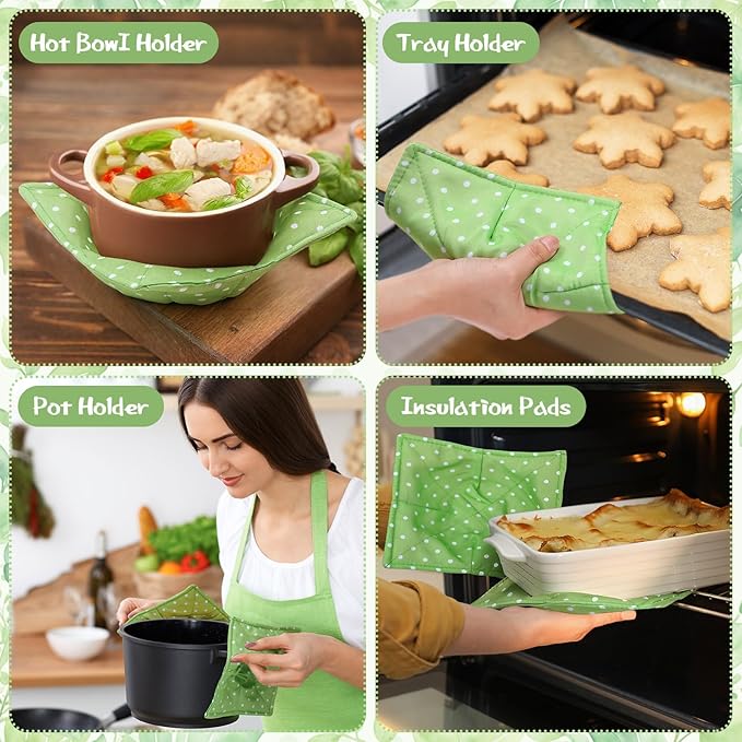 Cunhill 4 Pcs Cotton Microwave Bowl Cozy Holders for Hot Food Hot Pads Soup Bowl Potholders Heat Resistant Multipurpose Quilted Safe Holders for Kitchen Plate Supply(Pale Green,Dot)