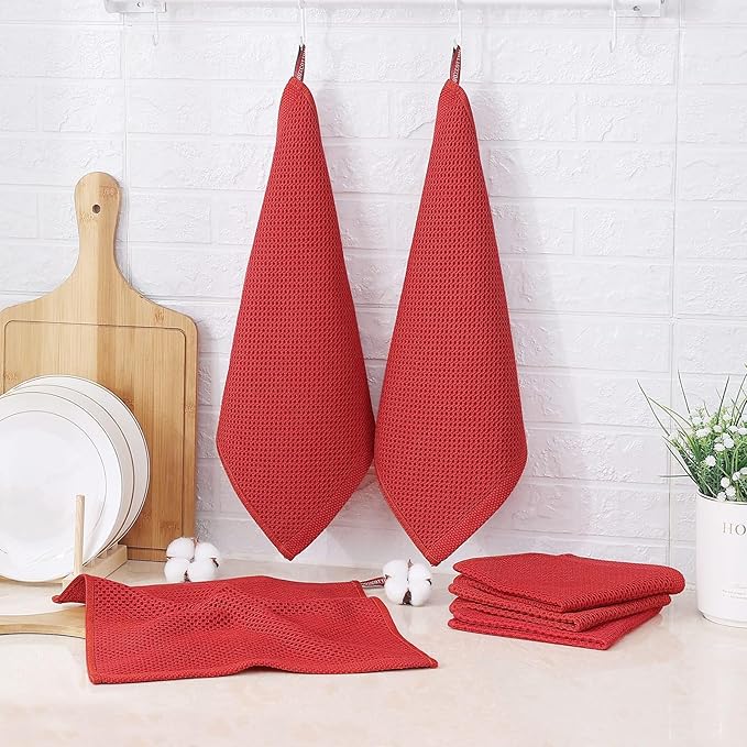 Kitinjoy 100% Cotton Kitchen Dish Cloths (12 X 12 Inches, Brick Red), 6 Pack Waffle Weave Ultra Soft Absorbent Dish Towels for Drying Dishes Quick Drying Kitchen Towels Dish Rags