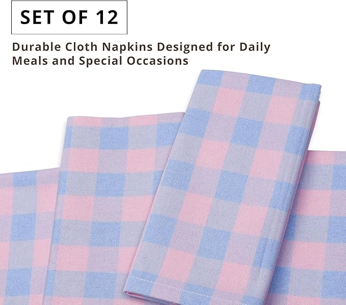PurpleEssences Buffalo Plaid Cloth Napkins - Mitered Corners - Spring Easter Summer - Gingham Check Dinner Napkin - Set of 12-100% Cotton - 18x18 Inch - Reusable Washable - Light Blue and Blush Pink