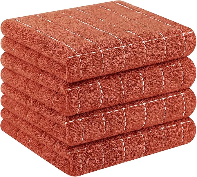 Homaxy 100% Cotton Terry Kitchen Towels(Rust, 13 x 28 inches), Checkered Designed, Soft and Super Absorbent Dish Towels, 4 Pack